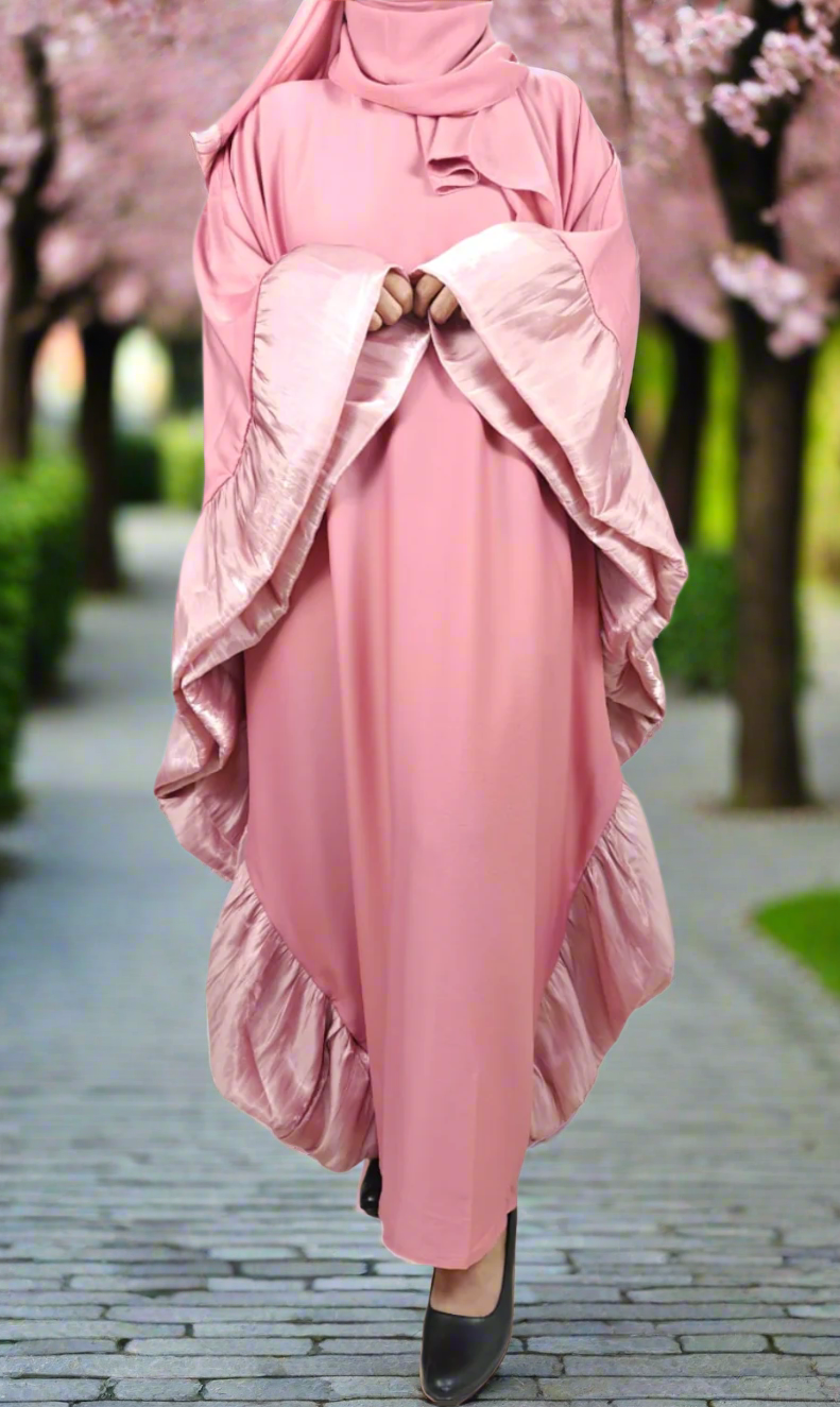 Baby Pink Butterfly Abaya with Scarf and Inside Belt - Crafted from Premium Korean Nida Fabric, Made in Dubai