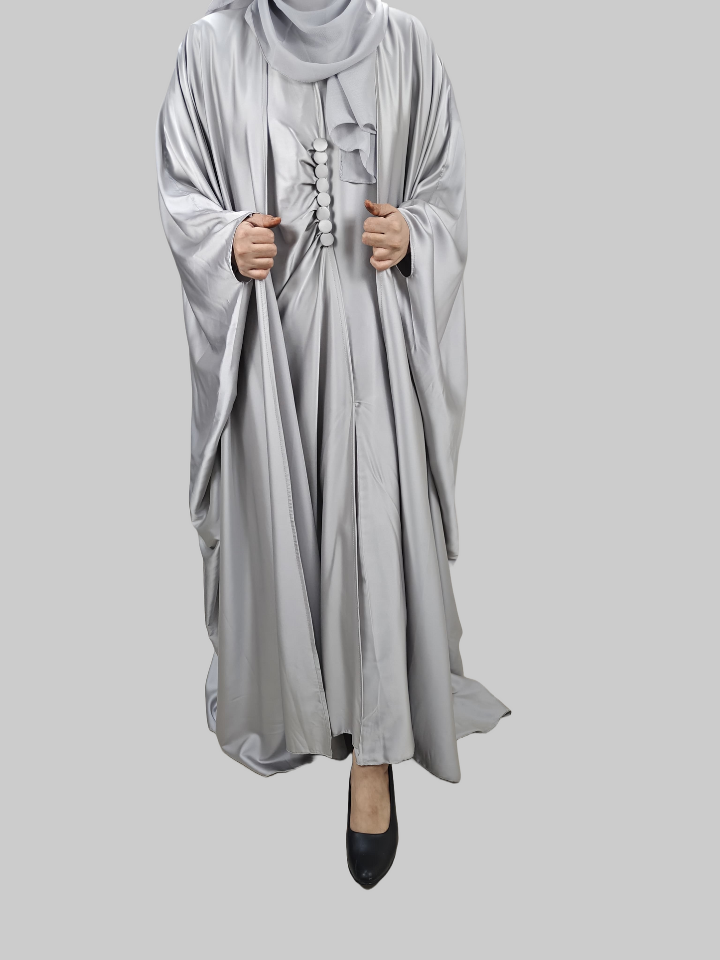 Silver Cape Style Abaya with Designer Inner - Crafted from Armani Silk, Made in Dubai