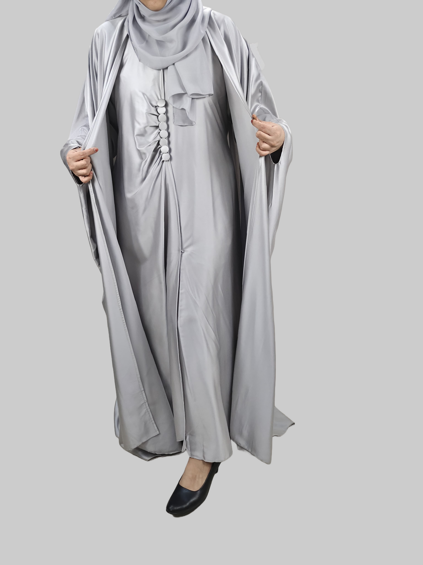 Silver Cape Style Abaya with Designer Inner - Crafted from Armani Silk, Made in Dubai