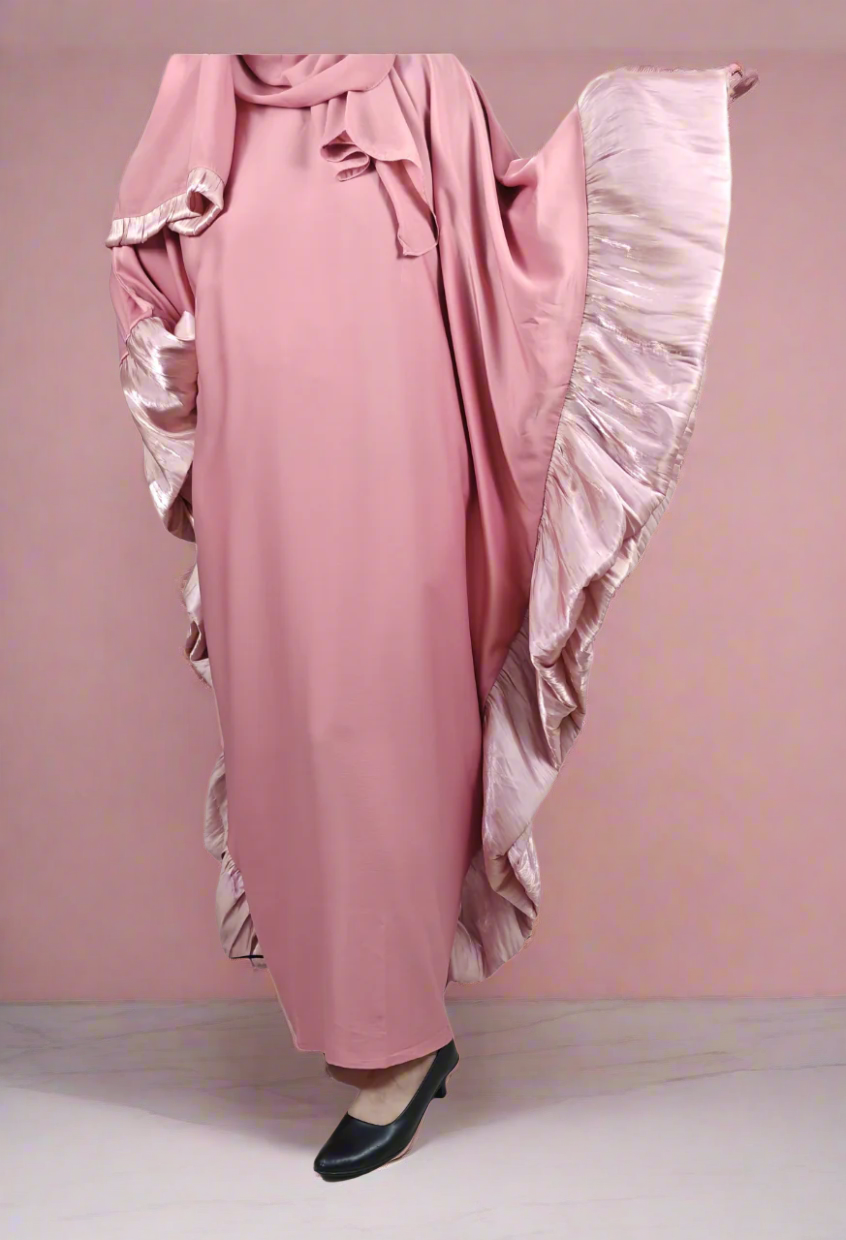 Baby Pink Butterfly Abaya with Scarf and Inside Belt - Crafted from Premium Korean Nida Fabric, Made in Dubai