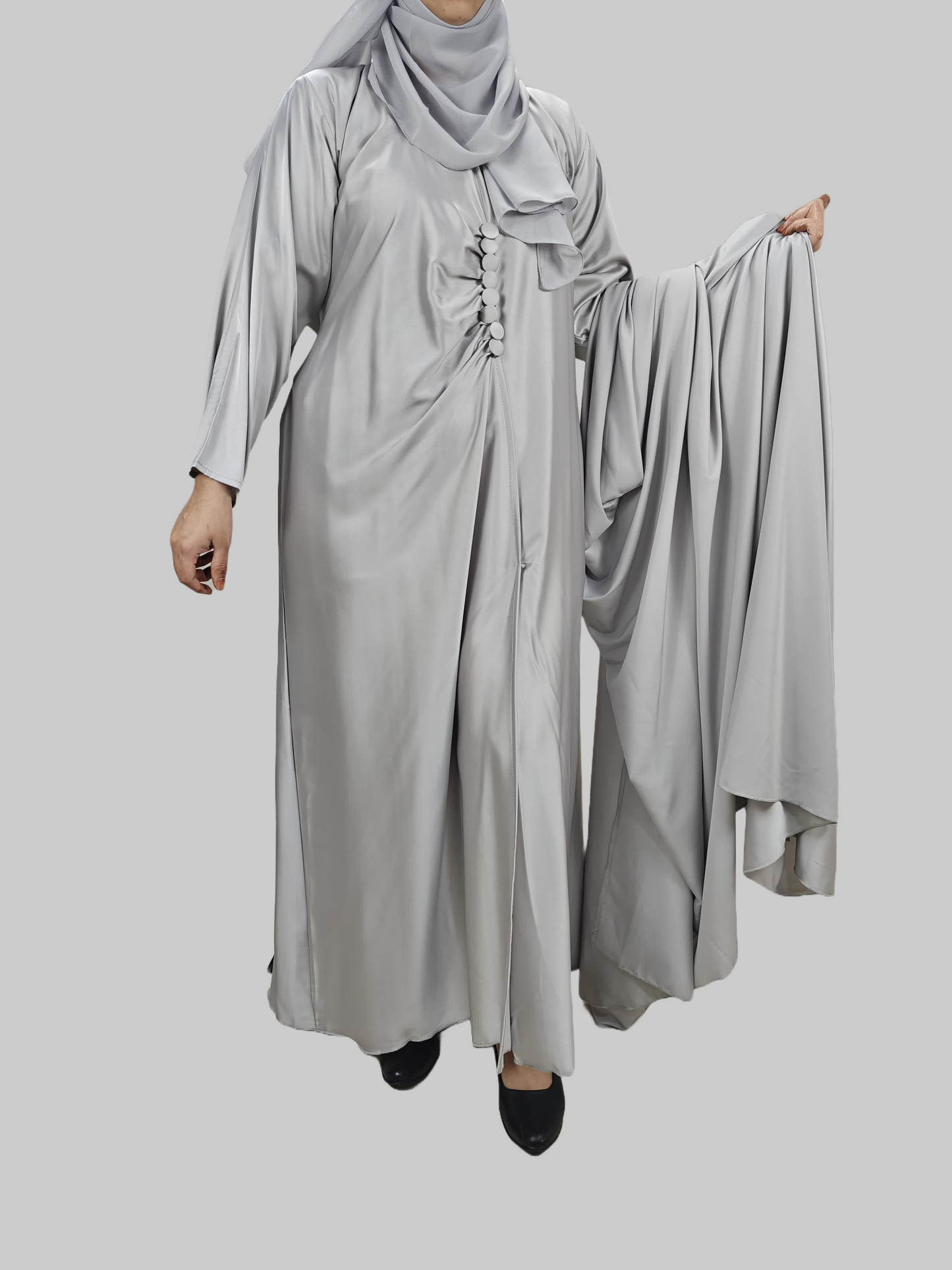 Silver Cape Style Abaya with Designer Inner - Crafted from Armani Silk, Made in Dubai