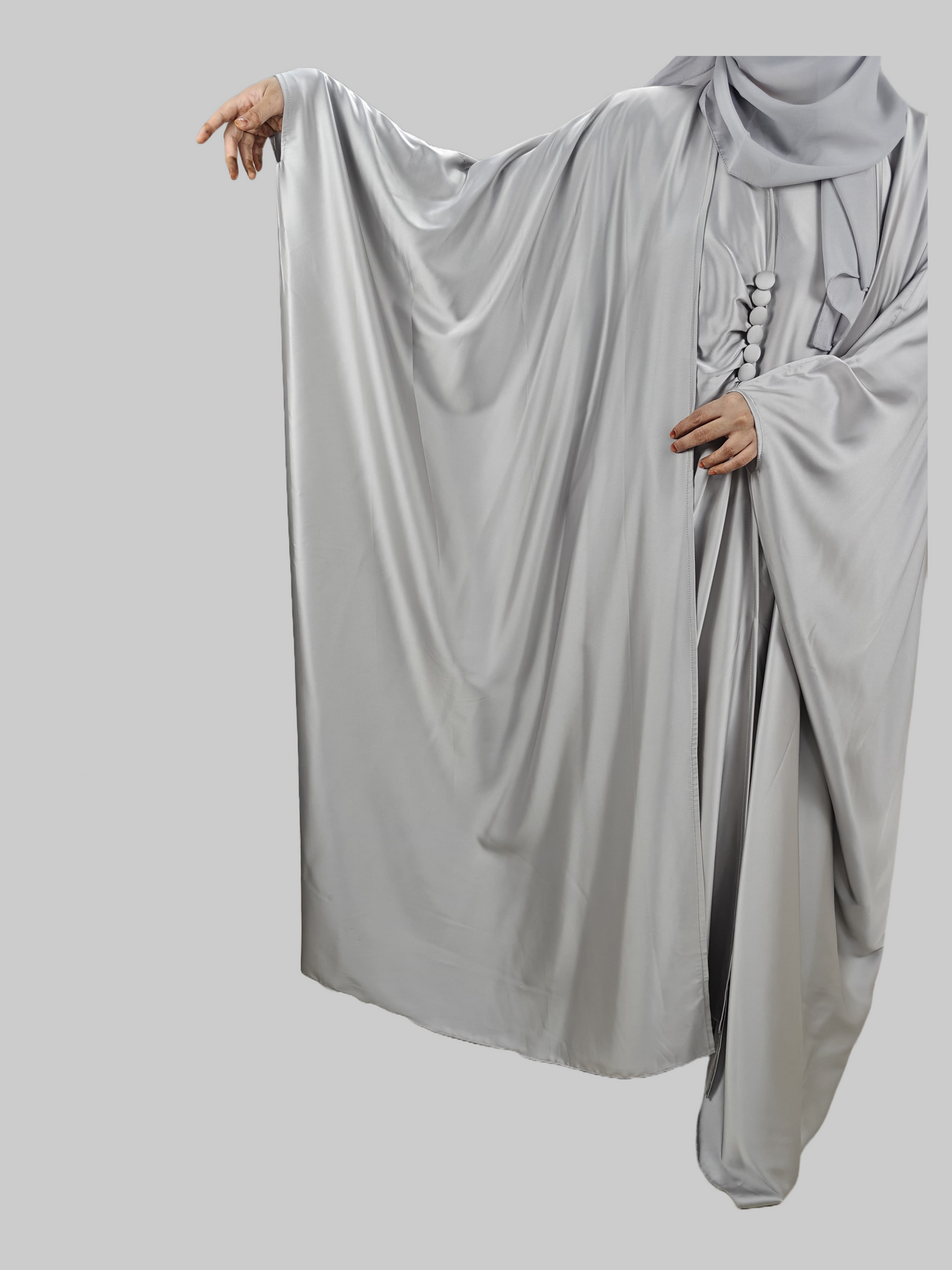 Silver Cape Style Abaya with Designer Inner - Crafted from Armani Silk, Made in Dubai