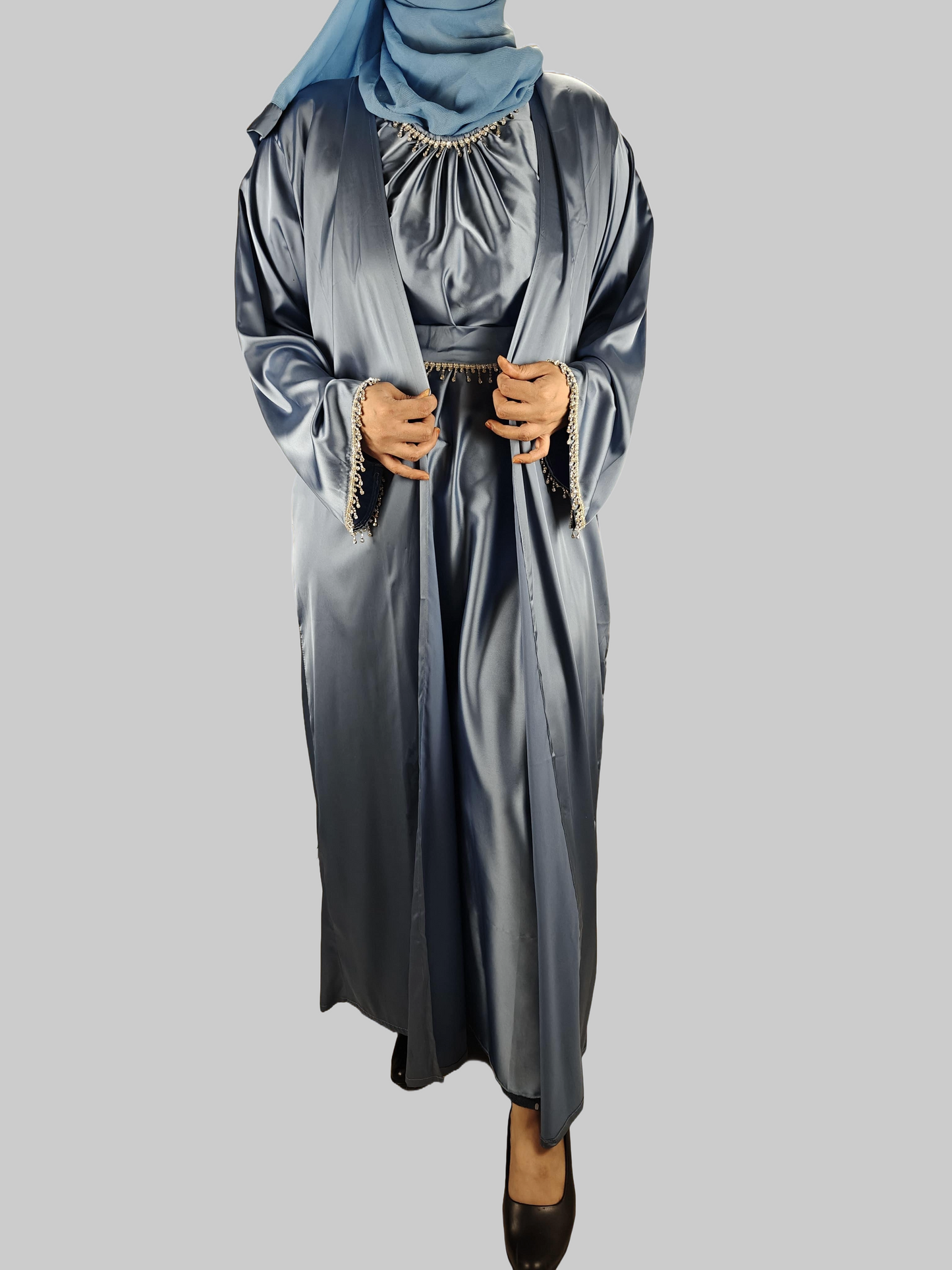 Sky Blue Party Abaya with Diamond Work - Crafted from Luxurious Armani Silk, Made in Dubai