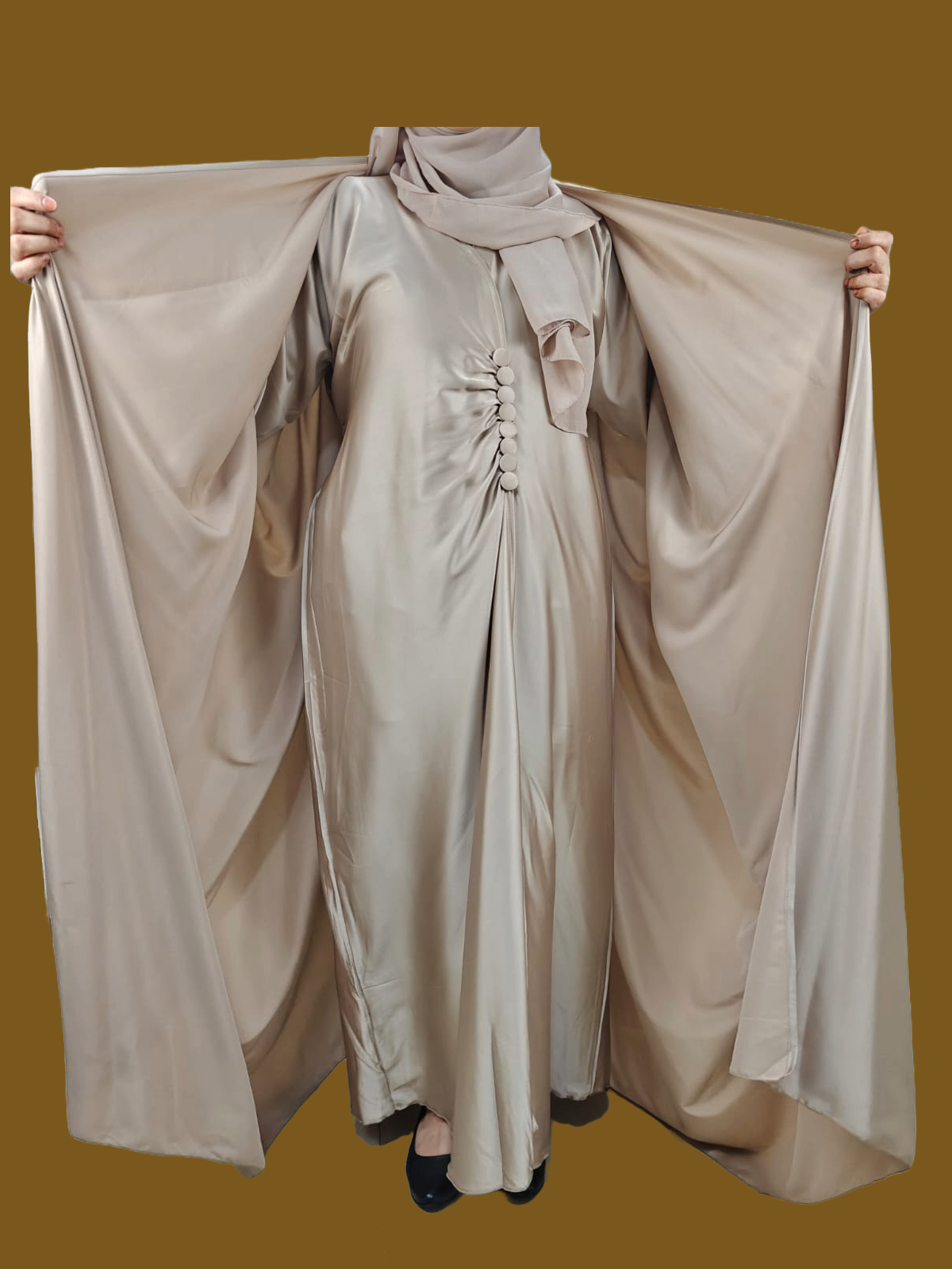 Golden Cape Style Abaya with Designer Inner - Crafted from Armani Silk, Made in Dubai