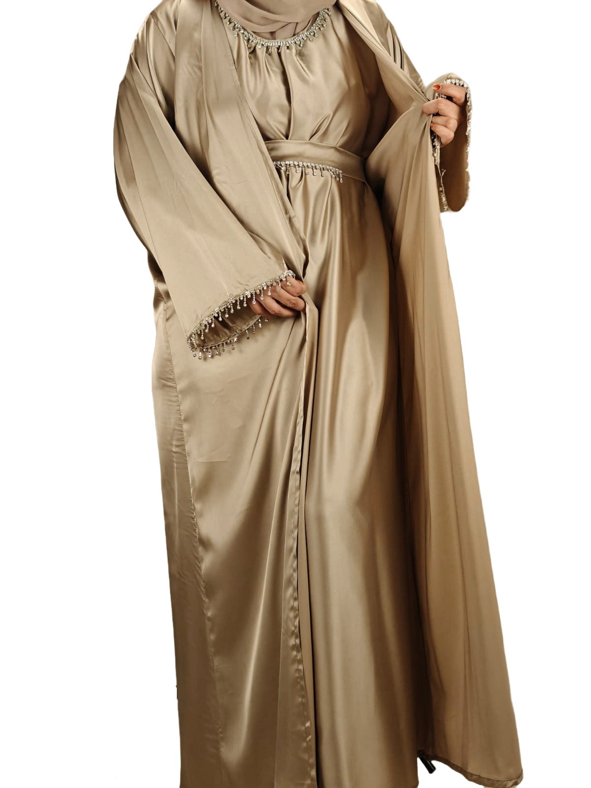 Gold Party Abaya with Diamond Work - Crafted from Luxurious Armani Silk, Made in Dubai