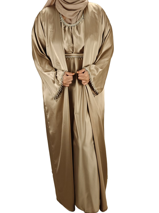 Gold Party Abaya with Diamond Work - Crafted from Luxurious Armani Silk, Made in Dubai