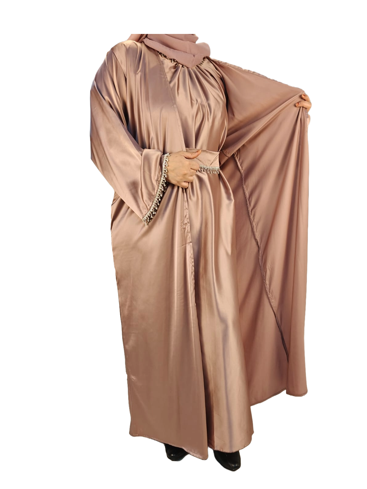 Rose Gold Party Abaya with Diamond Work - Crafted from Luxurious Armani Silk, Made in Dubai