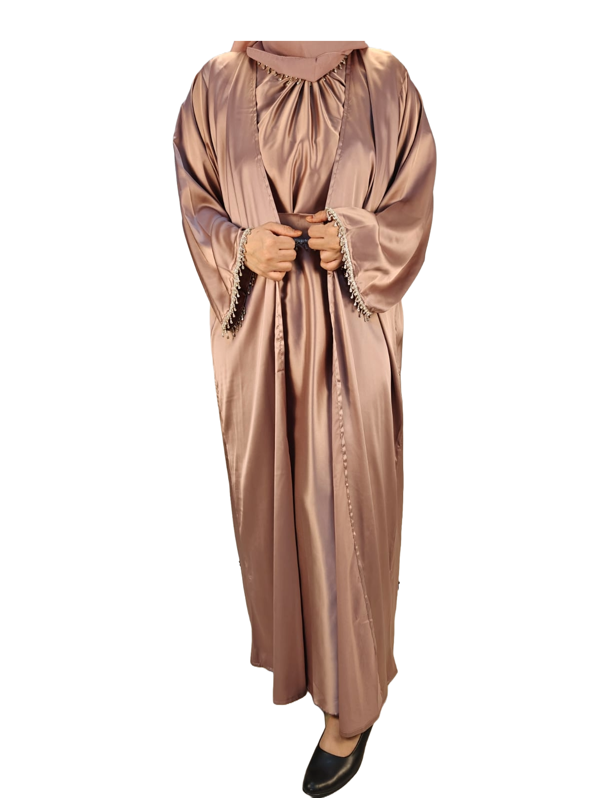 Rose Gold Party Abaya with Diamond Work - Crafted from Luxurious Armani Silk, Made in Dubai