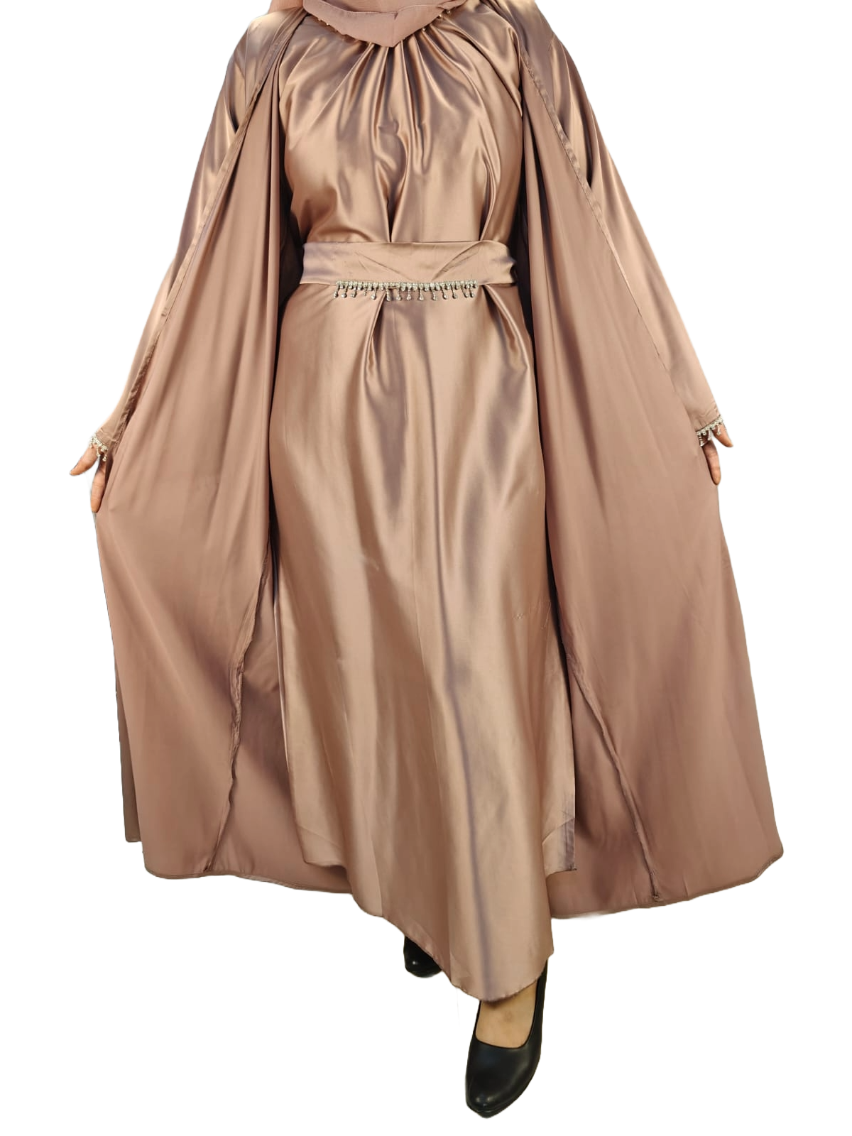 Rose Gold Party Abaya with Diamond Work - Crafted from Luxurious Armani Silk, Made in Dubai