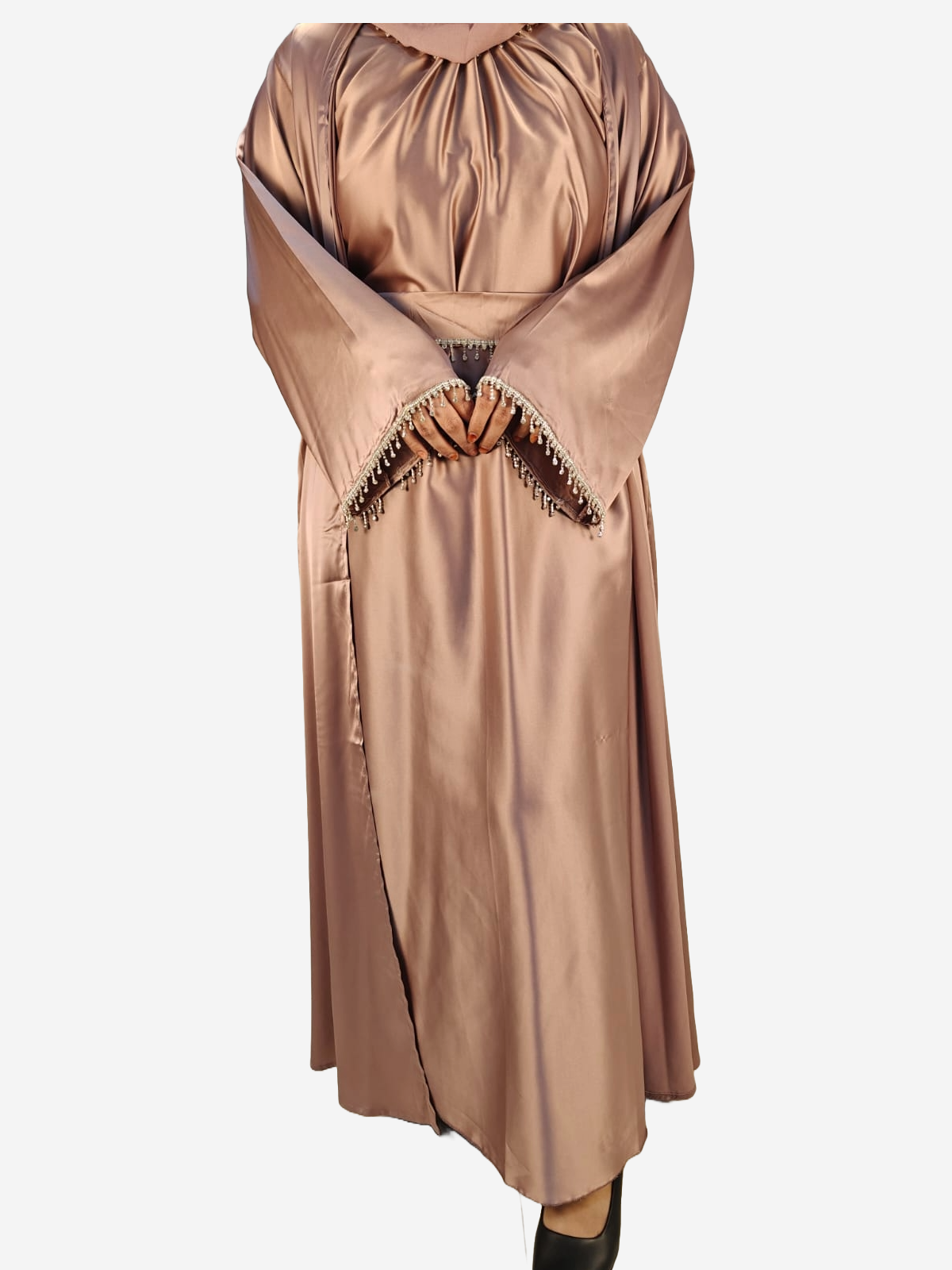 Rose Gold Party Abaya with Diamond Work - Crafted from Luxurious Armani Silk, Made in Dubai