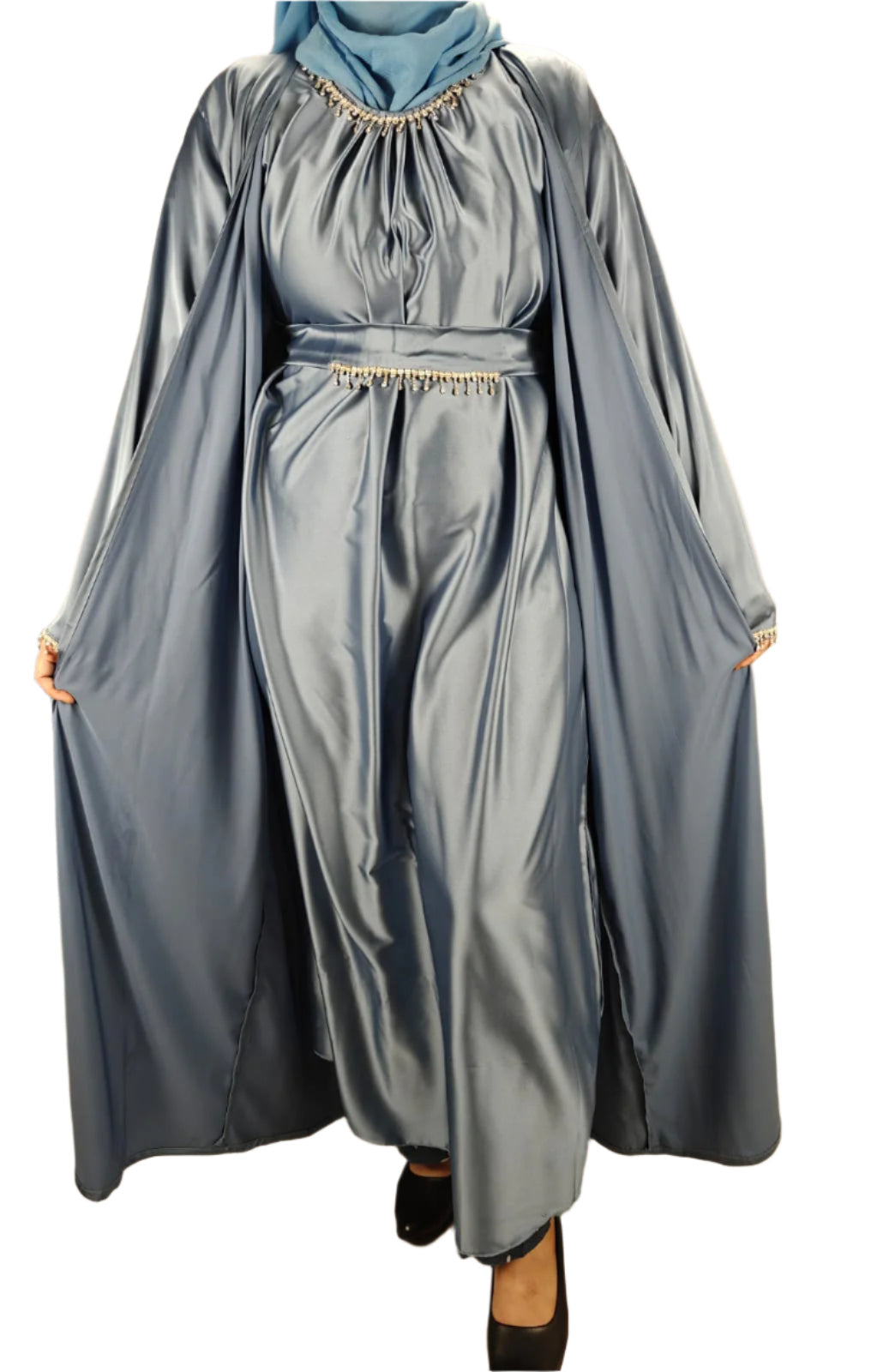 Sky Blue Party Abaya with Diamond Work - Crafted from Luxurious Armani Silk, Made in Dubai