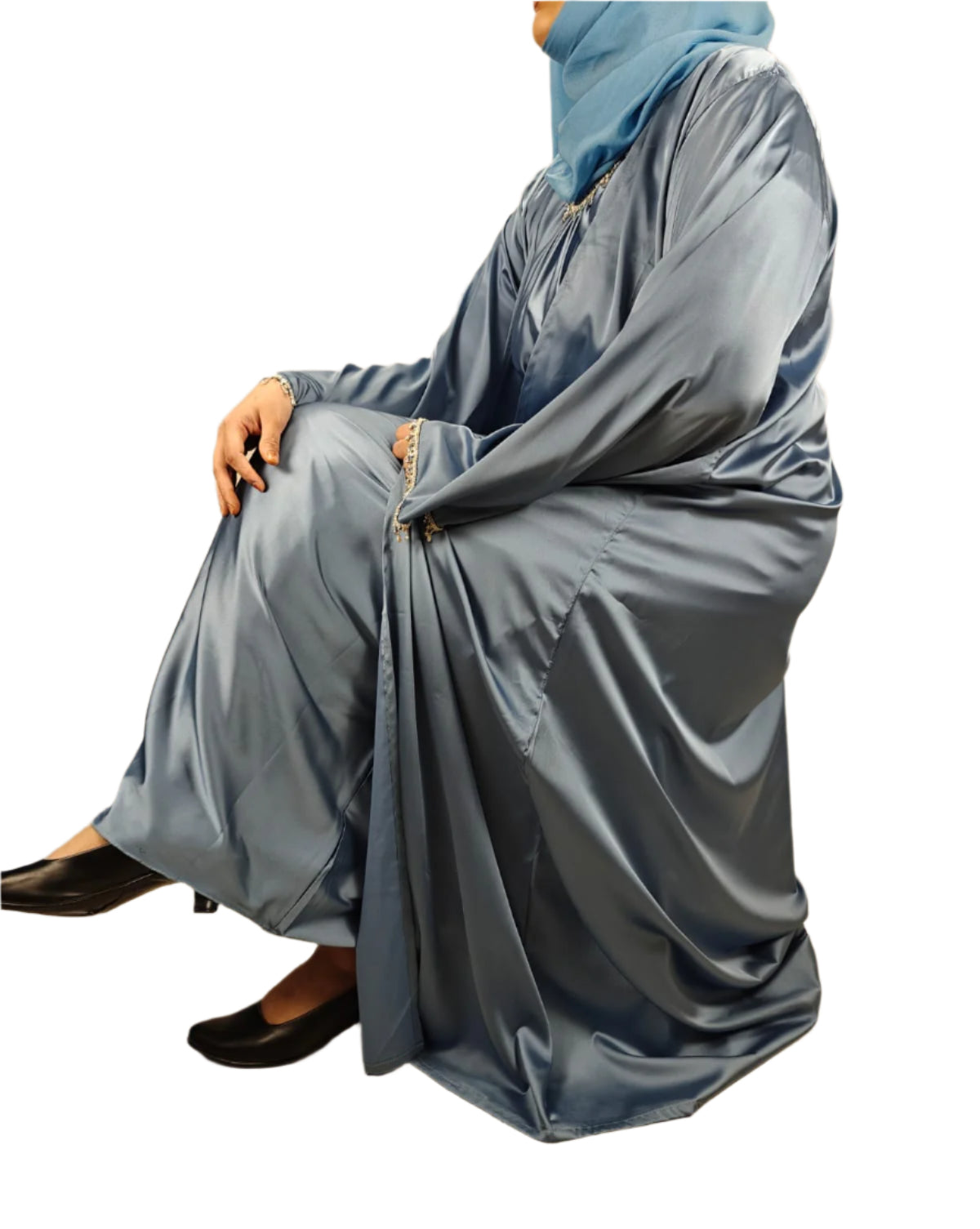 Sky Blue Party Abaya with Diamond Work - Crafted from Luxurious Armani Silk, Made in Dubai