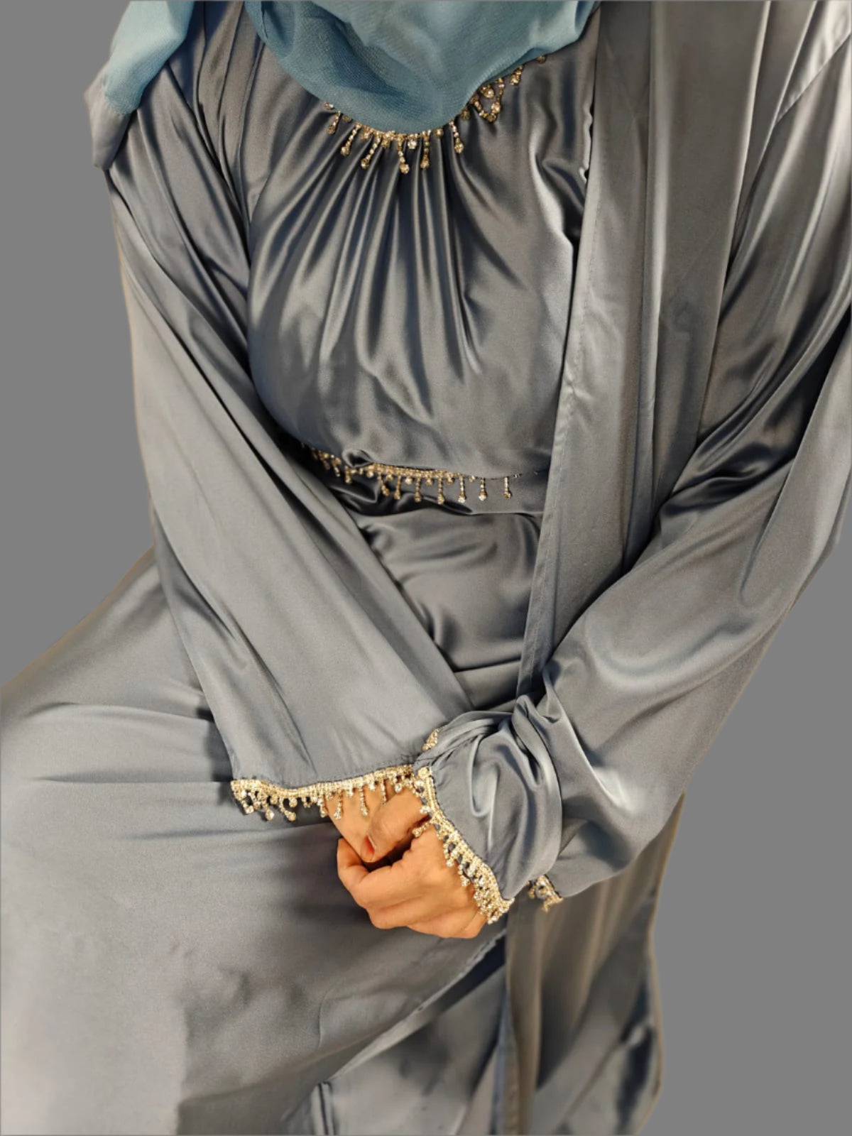 Sky Blue Party Abaya with Diamond Work - Crafted from Luxurious Armani Silk, Made in Dubai