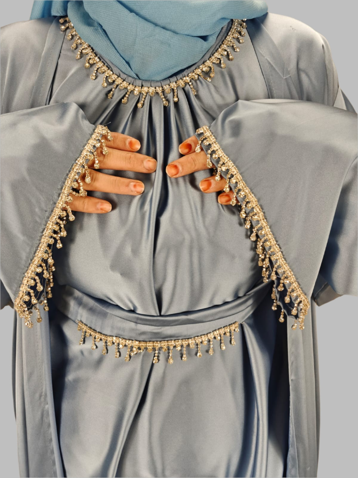 Sky Blue Party Abaya with Diamond Work - Crafted from Luxurious Armani Silk, Made in Dubai